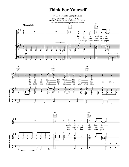 Preview The Beatles Think For Yourself Rock sheet music, notes and chords for Piano, Vocal & Guitar (Right-Hand Melody), SKU: 17077 sheet music, piano notes, chords, guitar tabs, score, transpose, transcribe, how to play, guide, download, learn, tutorial, progression, song, artist, awards, billboard, mtv, vh1, tour, single, album, release
