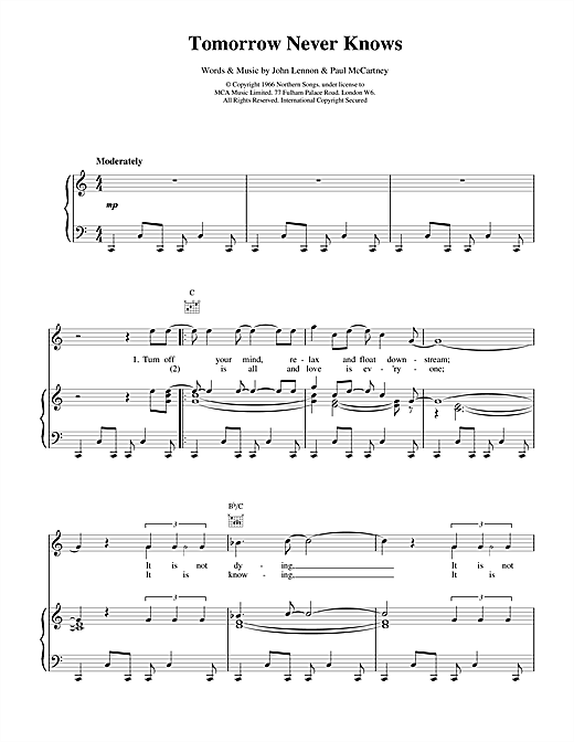 Preview The Beatles Tomorrow Never Knows Rock sheet music, notes and chords for Piano, Vocal & Guitar (Right-Hand Melody), SKU: 17080 sheet music, piano notes, chords, guitar tabs, score, transpose, transcribe, how to play, guide, download, learn, tutorial, progression, song, artist, awards, billboard, mtv, vh1, tour, single, album, release
