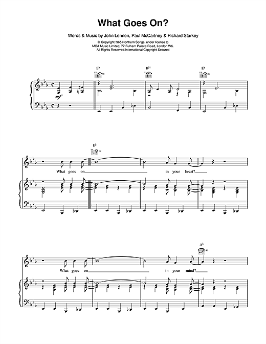 Preview The Beatles What Goes On? Rock sheet music, notes and chords for Piano, Vocal & Guitar (Right-Hand Melody), SKU: 17082 sheet music, piano notes, chords, guitar tabs, score, transpose, transcribe, how to play, guide, download, learn, tutorial, progression, song, artist, awards, billboard, mtv, vh1, tour, single, album, release