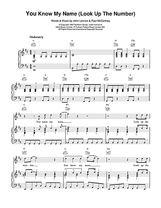 Preview The Beatles You Know My Name (Look Up The Number) Rock sheet music, notes and chords for Piano, Vocal & Guitar (Right-Hand Melody), SKU: 17084 sheet music, piano notes, chords, guitar tabs, score, transpose, transcribe, how to play, guide, download, learn, tutorial, progression, song, artist, awards, billboard, mtv, vh1, tour, single, album, release