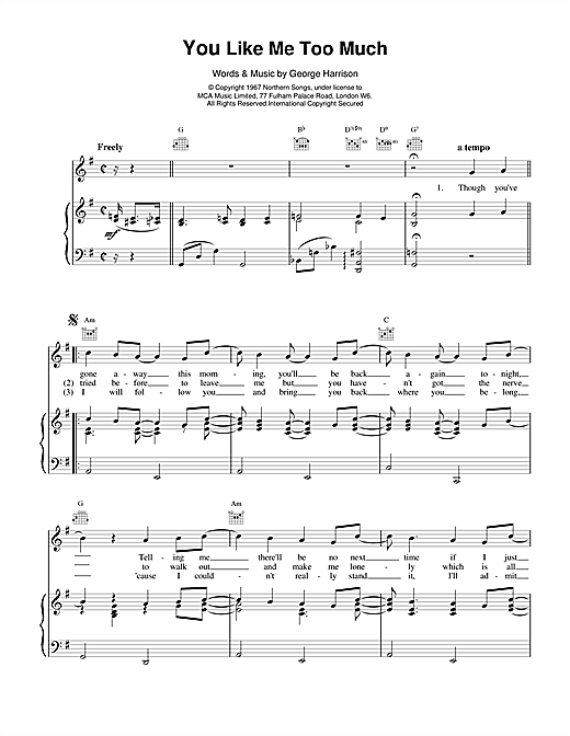 Preview The Beatles You Like Me Too Much Rock sheet music, notes and chords for Piano, Vocal & Guitar (Right-Hand Melody), SKU: 17085 sheet music, piano notes, chords, guitar tabs, score, transpose, transcribe, how to play, guide, download, learn, tutorial, progression, song, artist, awards, billboard, mtv, vh1, tour, single, album, release
