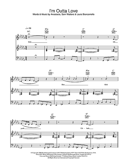 Preview Anastacia I'm Outta Love R & B sheet music, notes and chords for Piano, Vocal & Guitar, SKU: 17091 sheet music, piano notes, chords, guitar tabs, score, transpose, transcribe, how to play, guide, download, learn, tutorial, progression, song, artist, awards, billboard, mtv, vh1, tour, single, album, release