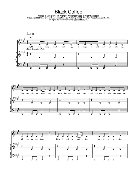 Preview All Saints Black Coffee R & B sheet music, notes and chords for Piano, Vocal & Guitar, SKU: 17093 sheet music, piano notes, chords, guitar tabs, score, transpose, transcribe, how to play, guide, download, learn, tutorial, progression, song, artist, awards, billboard, mtv, vh1, tour, single, album, release