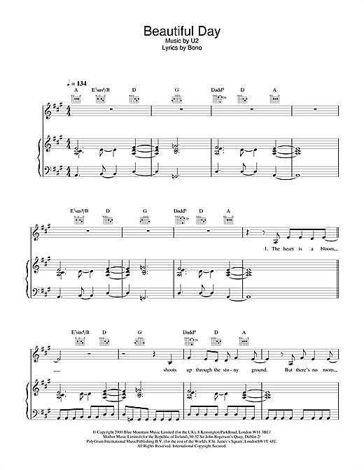 Preview U2 Beautiful Day Rock sheet music, notes and chords for Piano, Vocal & Guitar, SKU: 17094 sheet music, piano notes, chords, guitar tabs, score, transpose, transcribe, how to play, guide, download, learn, tutorial, progression, song, artist, awards, billboard, mtv, vh1, tour, single, album, release