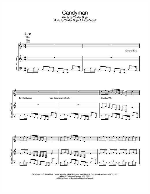 Preview Cornershop Candyman Pop sheet music, notes and chords for Piano, Vocal & Guitar, SKU: 17096 sheet music, piano notes, chords, guitar tabs, score, transpose, transcribe, how to play, guide, download, learn, tutorial, progression, song, artist, awards, billboard, mtv, vh1, tour, single, album, release