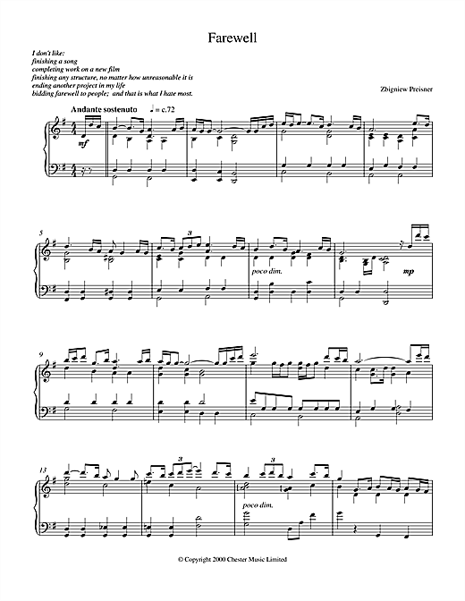 Preview Zbigniew Preisner Farewell Classical sheet music, notes and chords for Piano, SKU: 17099 sheet music, piano notes, chords, guitar tabs, score, transpose, transcribe, how to play, guide, download, learn, tutorial, progression, song, artist, awards, billboard, mtv, vh1, tour, single, album, release