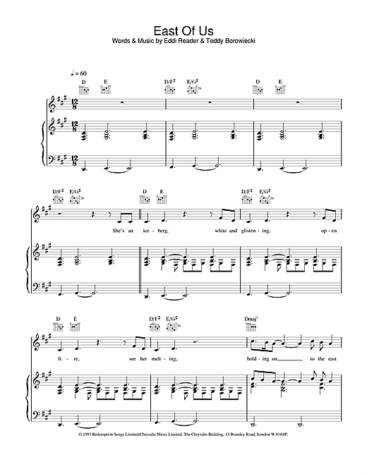 Preview Eddi Reader East Of Us Pop sheet music, notes and chords for Piano, Vocal & Guitar, SKU: 17100 sheet music, piano notes, chords, guitar tabs, score, transpose, transcribe, how to play, guide, download, learn, tutorial, progression, song, artist, awards, billboard, mtv, vh1, tour, single, album, release