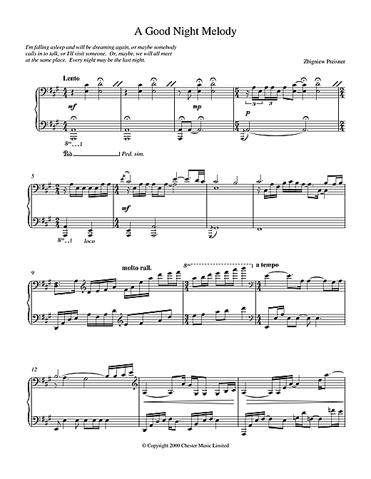 Preview Zbigniew Preisner A Good Night Melody Classical sheet music, notes and chords for Piano, SKU: 17103 sheet music, piano notes, chords, guitar tabs, score, transpose, transcribe, how to play, guide, download, learn, tutorial, progression, song, artist, awards, billboard, mtv, vh1, tour, single, album, release