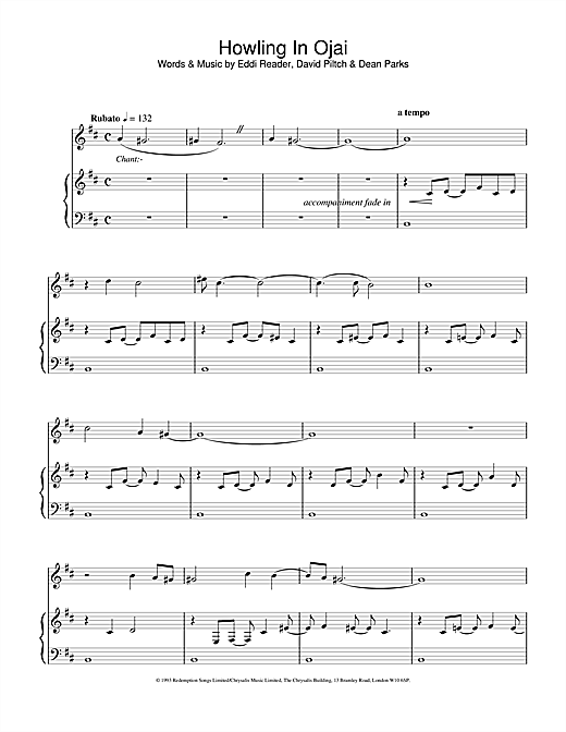 Preview Eddi Reader Howling In Ojai Pop sheet music, notes and chords for Piano, Vocal & Guitar, SKU: 17104 sheet music, piano notes, chords, guitar tabs, score, transpose, transcribe, how to play, guide, download, learn, tutorial, progression, song, artist, awards, billboard, mtv, vh1, tour, single, album, release