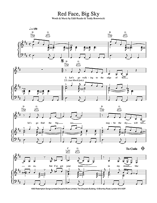 Preview Eddi Reader Red Face, Big Sky Pop sheet music, notes and chords for Piano, Vocal & Guitar (Right-Hand Melody), SKU: 17106 sheet music, piano notes, chords, guitar tabs, score, transpose, transcribe, how to play, guide, download, learn, tutorial, progression, song, artist, awards, billboard, mtv, vh1, tour, single, album, release