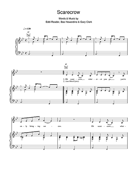 Preview Eddi Reader Scarecrow Pop sheet music, notes and chords for Piano, Vocal & Guitar (Right-Hand Melody), SKU: 17107 sheet music, piano notes, chords, guitar tabs, score, transpose, transcribe, how to play, guide, download, learn, tutorial, progression, song, artist, awards, billboard, mtv, vh1, tour, single, album, release