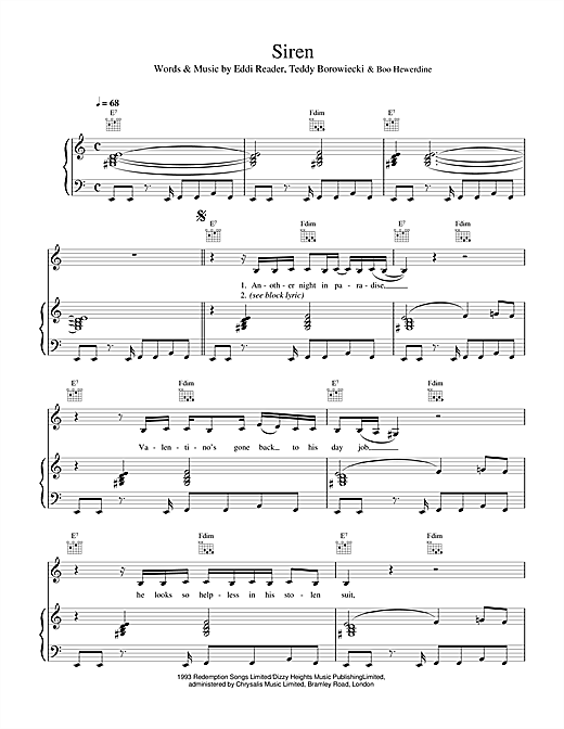 Preview Eddi Reader Siren Pop sheet music, notes and chords for Piano, Vocal & Guitar, SKU: 17108 sheet music, piano notes, chords, guitar tabs, score, transpose, transcribe, how to play, guide, download, learn, tutorial, progression, song, artist, awards, billboard, mtv, vh1, tour, single, album, release