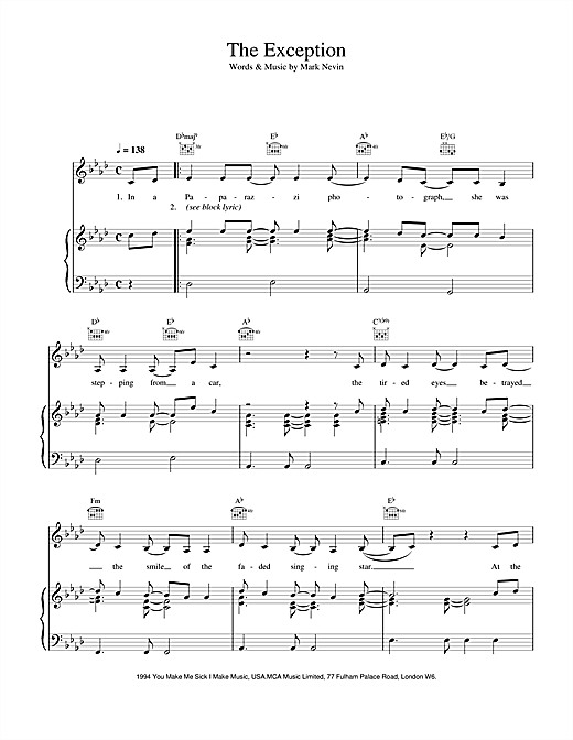 Preview Eddi Reader The Exception Pop sheet music, notes and chords for Piano, Vocal & Guitar (Right-Hand Melody), SKU: 17109 sheet music, piano notes, chords, guitar tabs, score, transpose, transcribe, how to play, guide, download, learn, tutorial, progression, song, artist, awards, billboard, mtv, vh1, tour, single, album, release