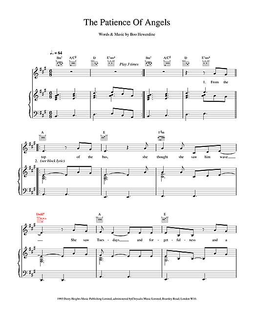 Preview Eddi Reader The Patience Of Angels Pop sheet music, notes and chords for Piano, Vocal & Guitar (Right-Hand Melody), SKU: 17110 sheet music, piano notes, chords, guitar tabs, score, transpose, transcribe, how to play, guide, download, learn, tutorial, progression, song, artist, awards, billboard, mtv, vh1, tour, single, album, release