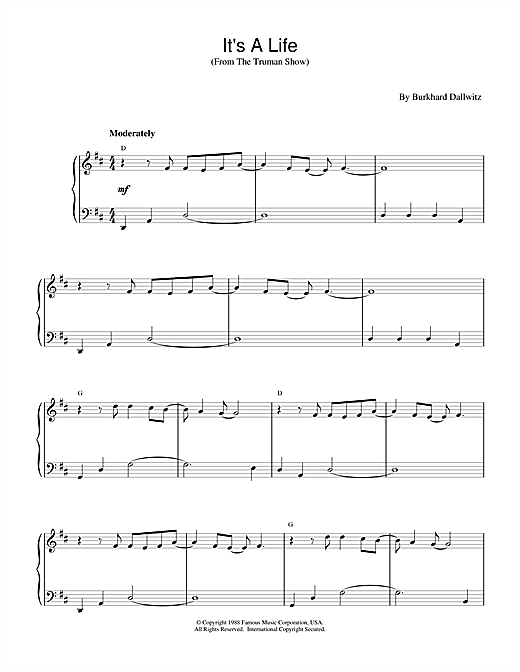 Preview Burkhard Dallwitz It's a Life (from The Truman Show) Film and TV sheet music, notes and chords for Easy Piano, SKU: 17118 sheet music, piano notes, chords, guitar tabs, score, transpose, transcribe, how to play, guide, download, learn, tutorial, progression, song, artist, awards, billboard, mtv, vh1, tour, single, album, release