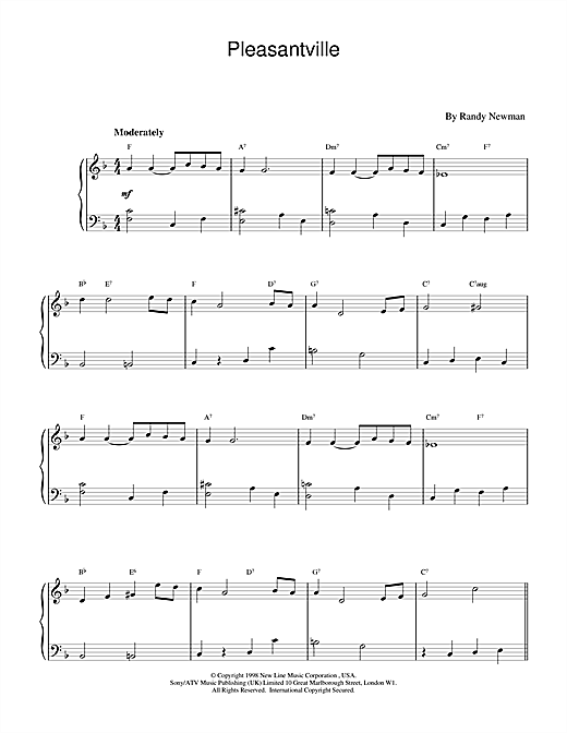 Preview Randy Newman Pleasantville Film and TV sheet music, notes and chords for Piano, SKU: 17119 sheet music, piano notes, chords, guitar tabs, score, transpose, transcribe, how to play, guide, download, learn, tutorial, progression, song, artist, awards, billboard, mtv, vh1, tour, single, album, release
