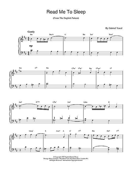 Preview Gabriel Yared Read Me to Sleep (from The English Patient) Film and TV sheet music, notes and chords for Piano, SKU: 17120 sheet music, piano notes, chords, guitar tabs, score, transpose, transcribe, how to play, guide, download, learn, tutorial, progression, song, artist, awards, billboard, mtv, vh1, tour, single, album, release