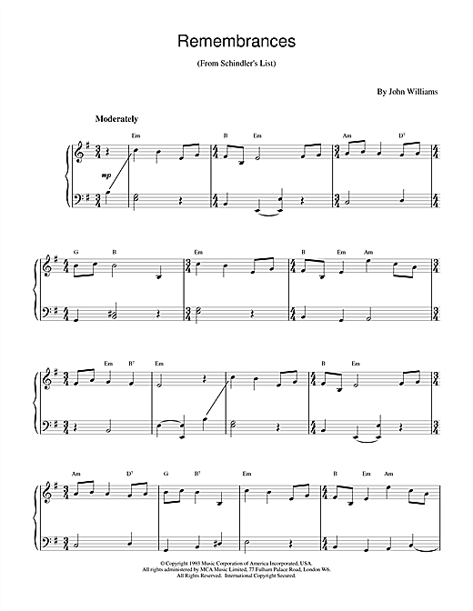 Preview John Williams Remembrances (from Schindler's List) Film and TV sheet music, notes and chords for Piano, SKU: 17121 sheet music, piano notes, chords, guitar tabs, score, transpose, transcribe, how to play, guide, download, learn, tutorial, progression, song, artist, awards, billboard, mtv, vh1, tour, single, album, release
