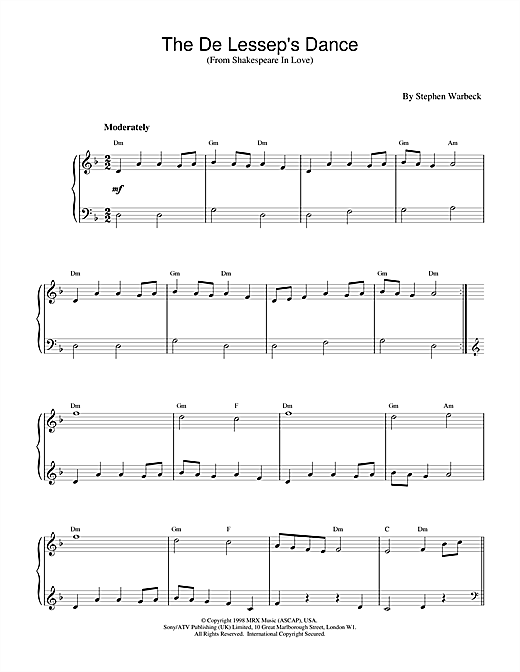 Preview Stephen Warbeck The De Lessep's Dance (from Shakespeare In Love) Film and TV sheet music, notes and chords for Piano, SKU: 17123 sheet music, piano notes, chords, guitar tabs, score, transpose, transcribe, how to play, guide, download, learn, tutorial, progression, song, artist, awards, billboard, mtv, vh1, tour, single, album, release
