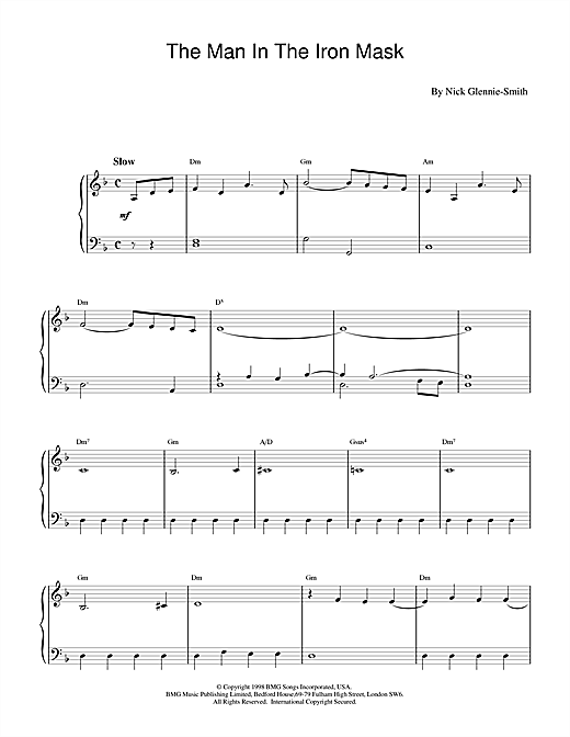 Preview Nick Glennie-Smith The Man in the Iron Mask Film and TV sheet music, notes and chords for Piano, SKU: 17126 sheet music, piano notes, chords, guitar tabs, score, transpose, transcribe, how to play, guide, download, learn, tutorial, progression, song, artist, awards, billboard, mtv, vh1, tour, single, album, release
