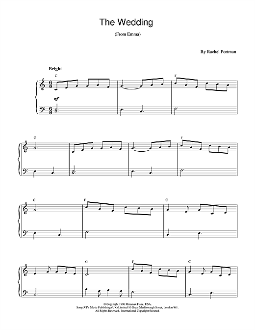 Preview Rachel Portman The Wedding (from Emma) Film and TV sheet music, notes and chords for Piano, SKU: 17128 sheet music, piano notes, chords, guitar tabs, score, transpose, transcribe, how to play, guide, download, learn, tutorial, progression, song, artist, awards, billboard, mtv, vh1, tour, single, album, release