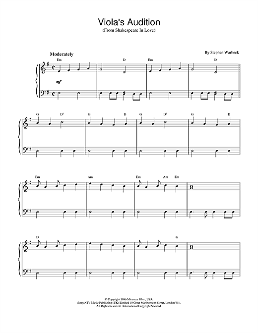 Preview Stephen Warbeck Viola's Audition (from Shakespeare In Love) Film and TV sheet music, notes and chords for Piano, SKU: 17129 sheet music, piano notes, chords, guitar tabs, score, transpose, transcribe, how to play, guide, download, learn, tutorial, progression, song, artist, awards, billboard, mtv, vh1, tour, single, album, release