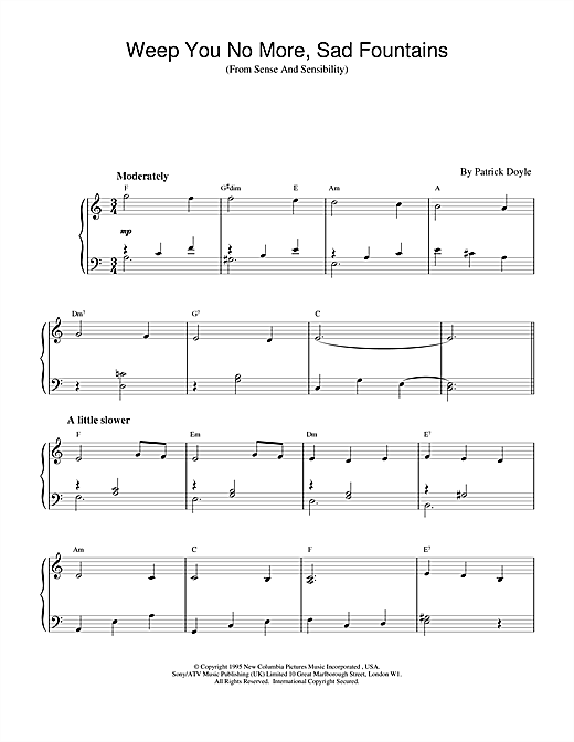 Preview Patrick Doyle Weep You No More, Sad Fountains (from Sense And Sensibility) Film and TV sheet music, notes and chords for Piano, SKU: 17130 sheet music, piano notes, chords, guitar tabs, score, transpose, transcribe, how to play, guide, download, learn, tutorial, progression, song, artist, awards, billboard, mtv, vh1, tour, single, album, release