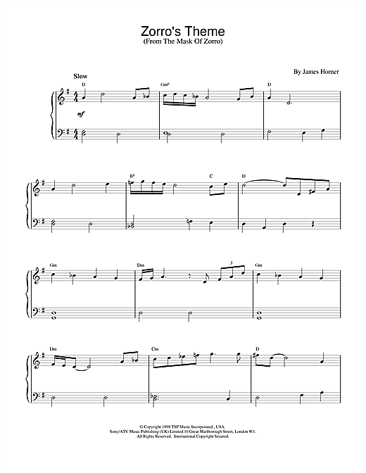 Preview James Horner Zorro's Theme (from The Mask Of Zorro) Film and TV sheet music, notes and chords for Piano, SKU: 17131 sheet music, piano notes, chords, guitar tabs, score, transpose, transcribe, how to play, guide, download, learn, tutorial, progression, song, artist, awards, billboard, mtv, vh1, tour, single, album, release