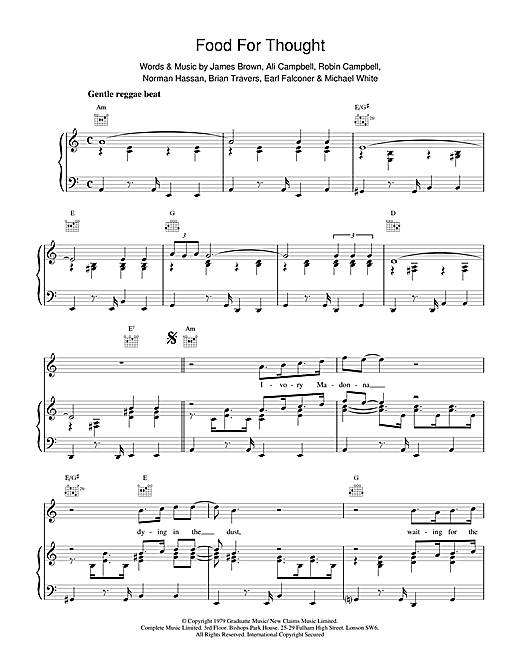 Preview UB40 Food For Thought Pop sheet music, notes and chords for Piano, Vocal & Guitar (Right-Hand Melody), SKU: 17132 sheet music, piano notes, chords, guitar tabs, score, transpose, transcribe, how to play, guide, download, learn, tutorial, progression, song, artist, awards, billboard, mtv, vh1, tour, single, album, release