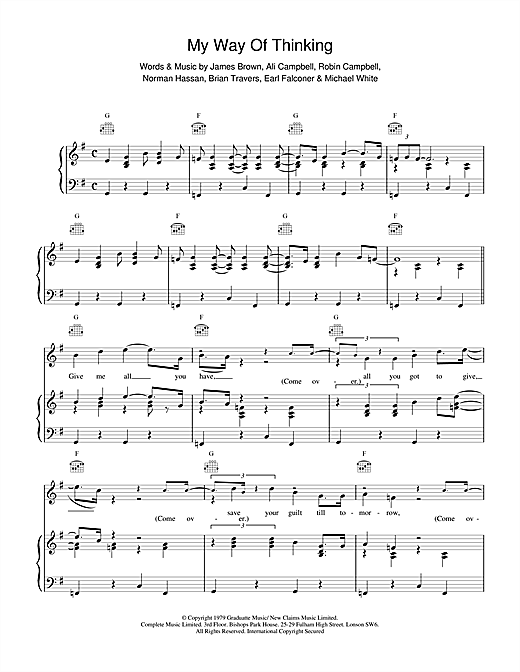 Preview UB40 My Way Of Thinking Pop sheet music, notes and chords for Piano, Vocal & Guitar (Right-Hand Melody), SKU: 17134 sheet music, piano notes, chords, guitar tabs, score, transpose, transcribe, how to play, guide, download, learn, tutorial, progression, song, artist, awards, billboard, mtv, vh1, tour, single, album, release