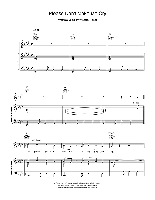 Preview UB40 Please Don't Make Me Cry Pop sheet music, notes and chords for Piano, Vocal & Guitar (Right-Hand Melody), SKU: 17136 sheet music, piano notes, chords, guitar tabs, score, transpose, transcribe, how to play, guide, download, learn, tutorial, progression, song, artist, awards, billboard, mtv, vh1, tour, single, album, release