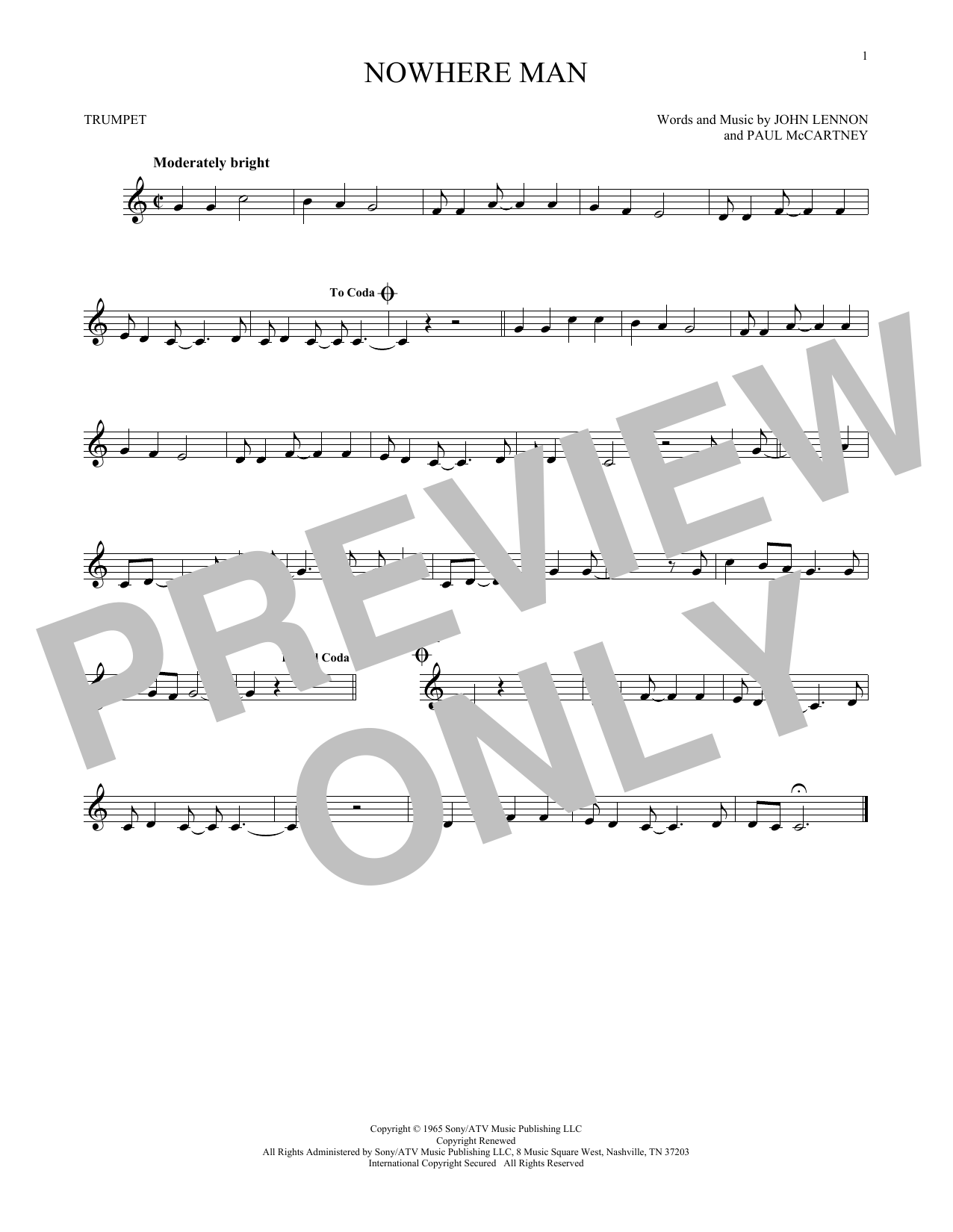 The Beatles Nowhere Man Sheet Music Notes Chords Download Printable Trumpet Sku 171379 - 