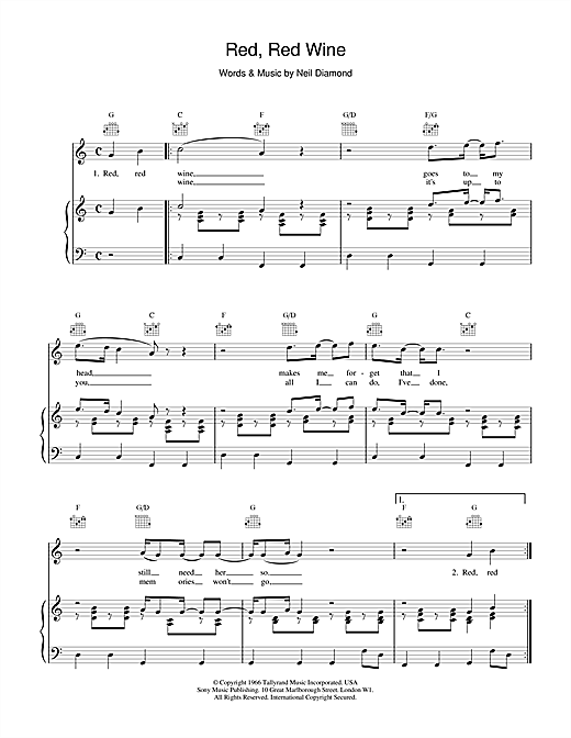 Preview UB40 Red, Red Wine Pop sheet music, notes and chords for Piano, Vocal & Guitar (Right-Hand Melody), SKU: 17137 sheet music, piano notes, chords, guitar tabs, score, transpose, transcribe, how to play, guide, download, learn, tutorial, progression, song, artist, awards, billboard, mtv, vh1, tour, single, album, release