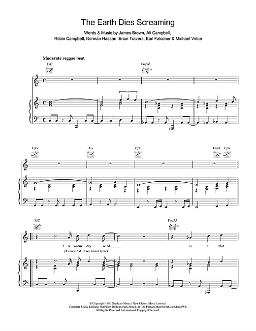 Preview UB40 The Earth Dies Screaming Pop sheet music, notes and chords for Piano, Vocal & Guitar (Right-Hand Melody), SKU: 17138 sheet music, piano notes, chords, guitar tabs, score, transpose, transcribe, how to play, guide, download, learn, tutorial, progression, song, artist, awards, billboard, mtv, vh1, tour, single, album, release