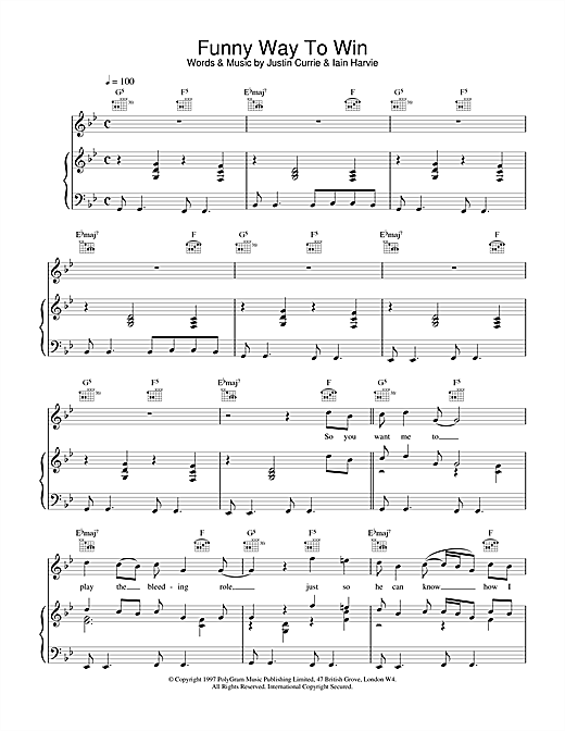 Preview Del Amitri Funny Way To Win Rock sheet music, notes and chords for Piano, Vocal & Guitar (Right-Hand Melody), SKU: 17140 sheet music, piano notes, chords, guitar tabs, score, transpose, transcribe, how to play, guide, download, learn, tutorial, progression, song, artist, awards, billboard, mtv, vh1, tour, single, album, release