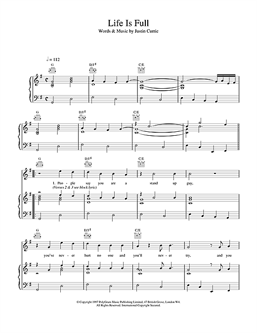 Preview Del Amitri Life Is Full Rock sheet music, notes and chords for Piano, Vocal & Guitar (Right-Hand Melody), SKU: 17141 sheet music, piano notes, chords, guitar tabs, score, transpose, transcribe, how to play, guide, download, learn, tutorial, progression, song, artist, awards, billboard, mtv, vh1, tour, single, album, release