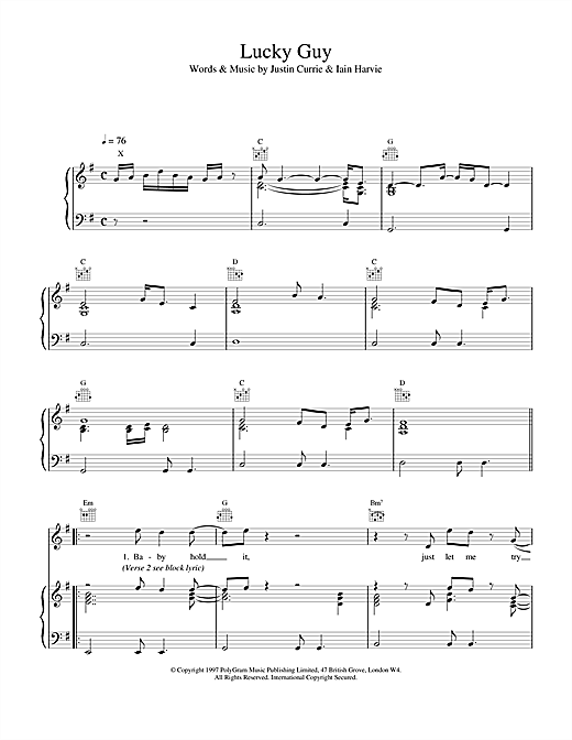 Preview Del Amitri Lucky Guy Rock sheet music, notes and chords for Piano, Vocal & Guitar (Right-Hand Melody), SKU: 17142 sheet music, piano notes, chords, guitar tabs, score, transpose, transcribe, how to play, guide, download, learn, tutorial, progression, song, artist, awards, billboard, mtv, vh1, tour, single, album, release