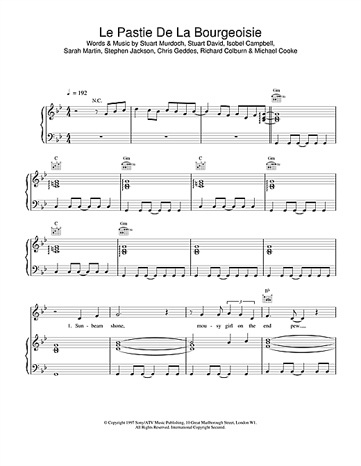 Preview Belle & Sebastian Le Pastie De La Bourgeoisie Pop sheet music, notes and chords for Piano, Vocal & Guitar, SKU: 17143 sheet music, piano notes, chords, guitar tabs, score, transpose, transcribe, how to play, guide, download, learn, tutorial, progression, song, artist, awards, billboard, mtv, vh1, tour, single, album, release