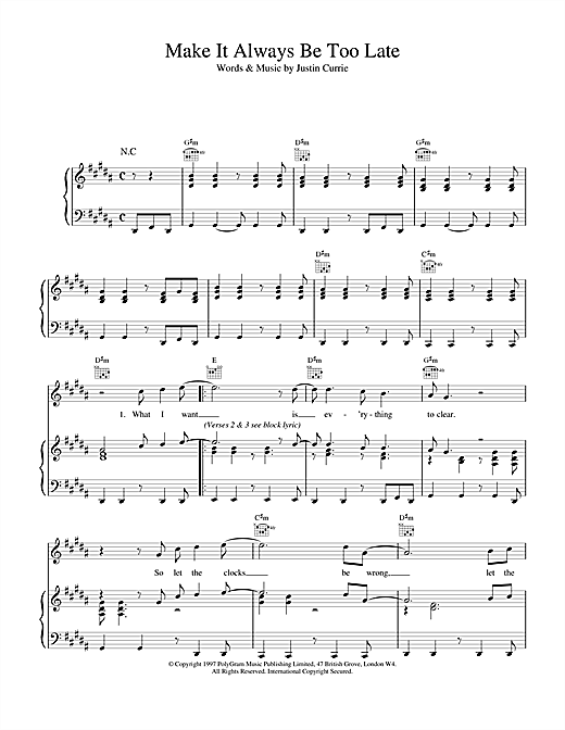 Preview Del Amitri Make It Always Be Too Late Rock sheet music, notes and chords for Piano, Vocal & Guitar (Right-Hand Melody), SKU: 17144 sheet music, piano notes, chords, guitar tabs, score, transpose, transcribe, how to play, guide, download, learn, tutorial, progression, song, artist, awards, billboard, mtv, vh1, tour, single, album, release