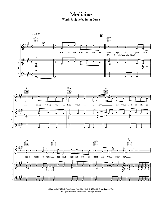Preview Del Amitri Medicine Rock sheet music, notes and chords for Piano, Vocal & Guitar (Right-Hand Melody), SKU: 17145 sheet music, piano notes, chords, guitar tabs, score, transpose, transcribe, how to play, guide, download, learn, tutorial, progression, song, artist, awards, billboard, mtv, vh1, tour, single, album, release