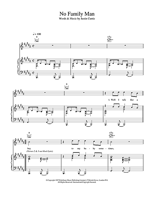 Preview Del Amitri No Family Man Rock sheet music, notes and chords for Piano, Vocal & Guitar (Right-Hand Melody), SKU: 17147 sheet music, piano notes, chords, guitar tabs, score, transpose, transcribe, how to play, guide, download, learn, tutorial, progression, song, artist, awards, billboard, mtv, vh1, tour, single, album, release