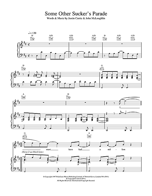 Preview Del Amitri Some Other Sucker's Parade Rock sheet music, notes and chords for Piano, Vocal & Guitar (Right-Hand Melody), SKU: 17149 sheet music, piano notes, chords, guitar tabs, score, transpose, transcribe, how to play, guide, download, learn, tutorial, progression, song, artist, awards, billboard, mtv, vh1, tour, single, album, release