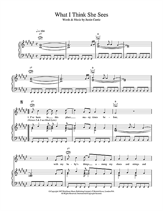 Preview Del Amitri What I Think She Sees Rock sheet music, notes and chords for Piano, Vocal & Guitar (Right-Hand Melody), SKU: 17151 sheet music, piano notes, chords, guitar tabs, score, transpose, transcribe, how to play, guide, download, learn, tutorial, progression, song, artist, awards, billboard, mtv, vh1, tour, single, album, release
