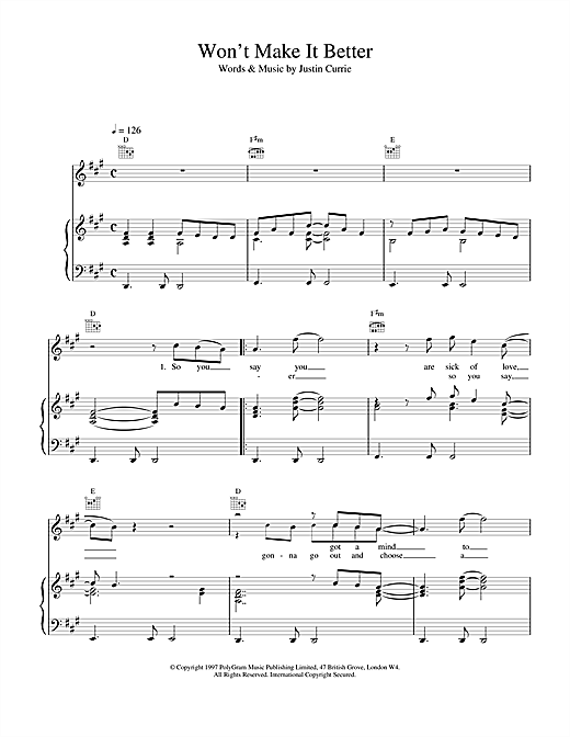 Preview Del Amitri Won't Make It Better Rock sheet music, notes and chords for Piano, Vocal & Guitar (Right-Hand Melody), SKU: 17152 sheet music, piano notes, chords, guitar tabs, score, transpose, transcribe, how to play, guide, download, learn, tutorial, progression, song, artist, awards, billboard, mtv, vh1, tour, single, album, release