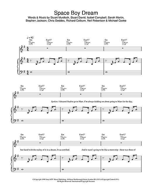 Preview Belle & Sebastian Space Boy Dream Pop sheet music, notes and chords for Piano, Vocal & Guitar, SKU: 17153 sheet music, piano notes, chords, guitar tabs, score, transpose, transcribe, how to play, guide, download, learn, tutorial, progression, song, artist, awards, billboard, mtv, vh1, tour, single, album, release