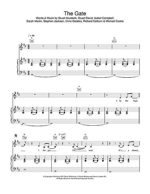 Preview Belle & Sebastian The Gate Pop sheet music, notes and chords for Piano, Vocal & Guitar, SKU: 17154 sheet music, piano notes, chords, guitar tabs, score, transpose, transcribe, how to play, guide, download, learn, tutorial, progression, song, artist, awards, billboard, mtv, vh1, tour, single, album, release