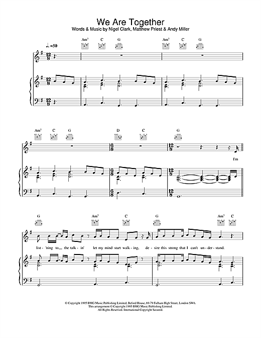 Preview Dodgy We Are Together Rock sheet music, notes and chords for Piano, Vocal & Guitar (Right-Hand Melody), SKU: 17157 sheet music, piano notes, chords, guitar tabs, score, transpose, transcribe, how to play, guide, download, learn, tutorial, progression, song, artist, awards, billboard, mtv, vh1, tour, single, album, release