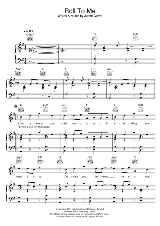 Preview Del Amitri Roll To Me Rock sheet music, notes and chords for Piano, Vocal & Guitar (Right-Hand Melody), SKU: 17159 sheet music, piano notes, chords, guitar tabs, score, transpose, transcribe, how to play, guide, download, learn, tutorial, progression, song, artist, awards, billboard, mtv, vh1, tour, single, album, release