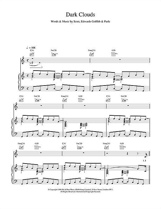 Preview Space Dark Clouds Rock sheet music, notes and chords for Piano, Vocal & Guitar (Right-Hand Melody), SKU: 17164 sheet music, piano notes, chords, guitar tabs, score, transpose, transcribe, how to play, guide, download, learn, tutorial, progression, song, artist, awards, billboard, mtv, vh1, tour, single, album, release