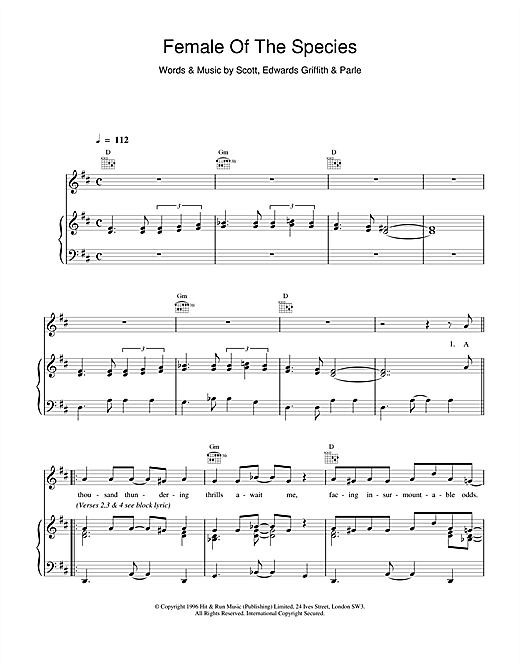 Preview Space Female Of The Species Rock sheet music, notes and chords for Piano, Vocal & Guitar (Right-Hand Melody), SKU: 17166 sheet music, piano notes, chords, guitar tabs, score, transpose, transcribe, how to play, guide, download, learn, tutorial, progression, song, artist, awards, billboard, mtv, vh1, tour, single, album, release